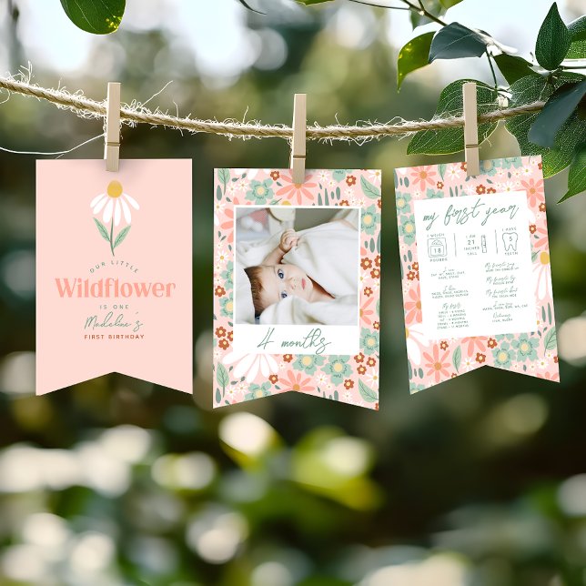 Bannière À Fanions Girls Cute Daisy 1st Birthday Milestone Photo  (Créateur téléchargé)