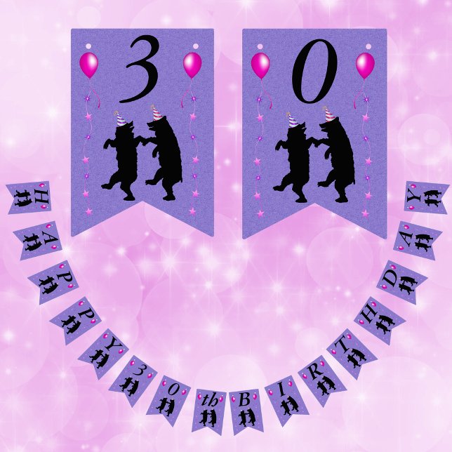 Bannière À Fanions Happy Birthday Dancing Bears Balloons Stars Purple (Dancing black bears pink stars balloons party hats on purple Happy Birthday flag banner for parties.)