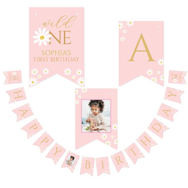 Bannière À Fanions Happy Birthday Kids boho daisy Cute Pink  (Créateur téléchargé)