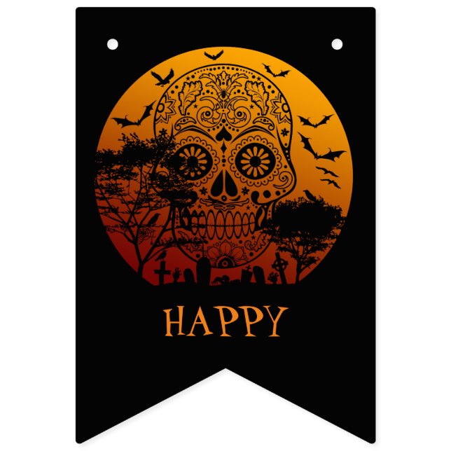 Bannière À Fanions Happy Halloween Crâne sucre Pleine lune de cimetiè (Premier drapeau)