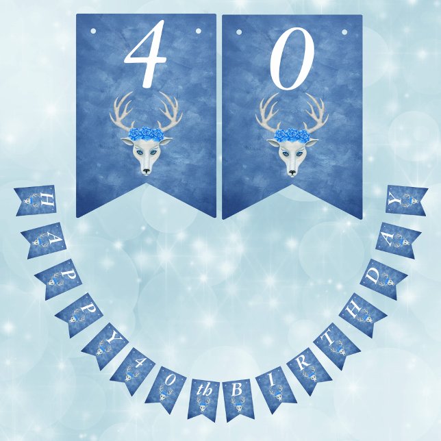 Bannière À Fanions Imaginaire d'anniversaire White Cerf Head Roses Mi (White Deer Head With blue roses antlers on Happy Birthday bunting flag party decoration.)