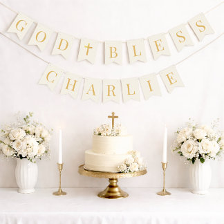 Bannière À Fanions Ivoire Dieu bénisse 7 Lettres Or Baptême Communion