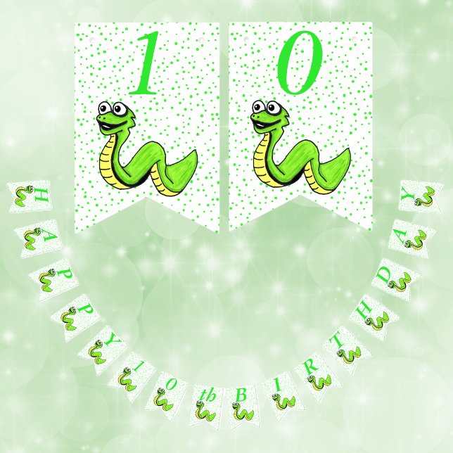 Bannière À Fanions Joyeux Anniversaire Cartoon Vert Serpent Pois (Kids Happy Birthday party banner cute smiling green snake green polka dots on white.)
