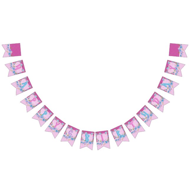 Bannière À Fanions Joyeux anniversaire Floral rose violet Pois Parti (Tout)