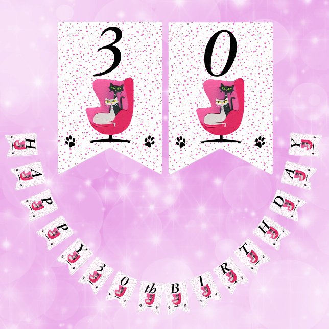 Bannière À Fanions Joyeux Chats d'Anniversaire Chaise rose Points du  (Mid century cats in pink chair polka dots on white birthday party banner decoration.)