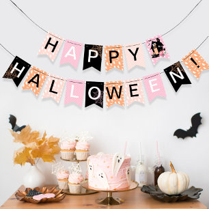 Bannière À Fanions Joyeux Halloween Rose Orange Noir Maison Hantée