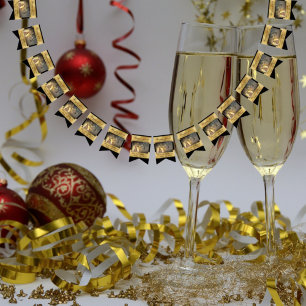 Bannière À Fanions Joyeux réveillon du Nouvel An Elegant Black Gold m