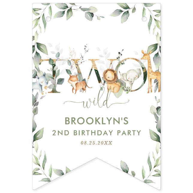 Bannière À Fanions Jungle Animaux Végétation Deux Sauvages 2e Anniver (Premier drapeau)