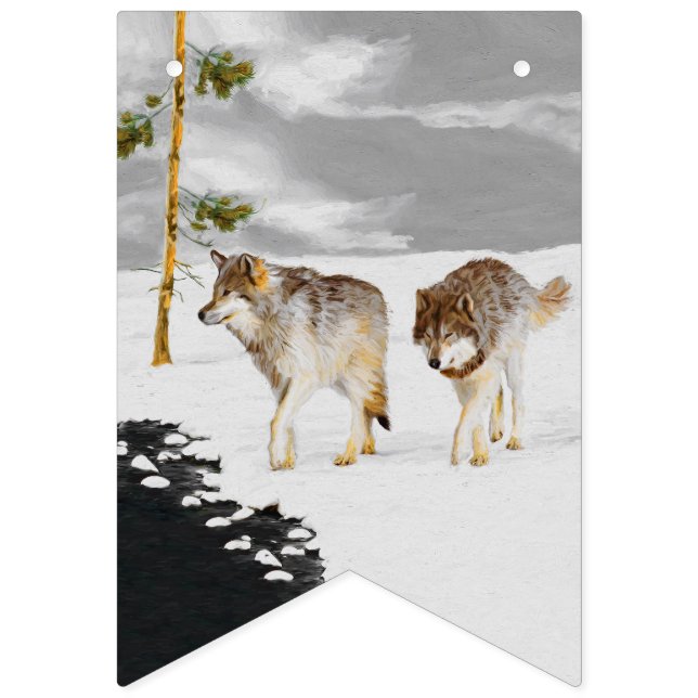 Bannière À Fanions Loups en peinture sur neige - Art original de la f (Premier drapeau)