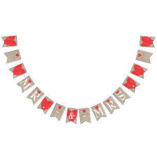 Bannière À Fanions M. et Mme Burlap et Red Hearts Mariage Fiançailles