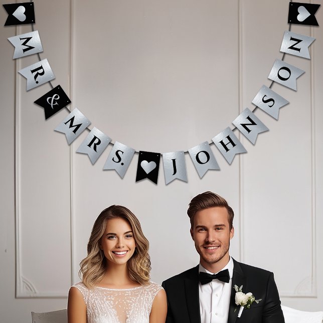 Bannière À Fanions Mariage Black Faux Silver Foil Coeurs M et Mme (Créateur téléchargé)