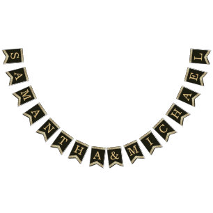 Bannière À Fanions Mariage Black Gold Noms Élégant Vintage Floral B