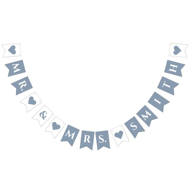 Bannière À Fanions Mariage Cœurs Bleu Poussiéreux M. et Mme Nom Court (Tout)