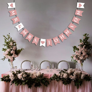 Bannière À Fanions Mariage Dusty Rose Cœurs M. & Mme 7 Lettres Nom