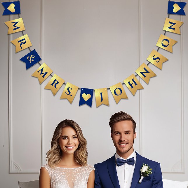 Bannière À Fanions Mariage Faux Gold Royal Blue M. & Mme Nom Coeur (Créateur téléchargé)