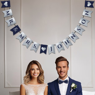 Bannière À Fanions Mariage Marine Blue Faux Coeurs d'argent M. et Mme
