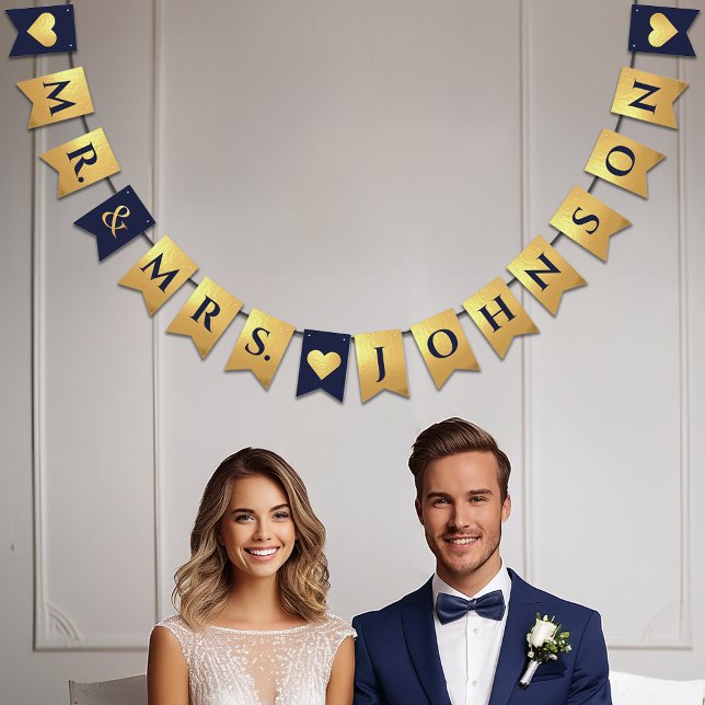 Bannière À Fanions Mariage Marine Blue Faux Gold Hearts M. & Nom de M (Créateur téléchargé)