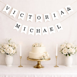 Bannière À Fanions Mariage Minimaliste Noms Simples Noir et Blanc