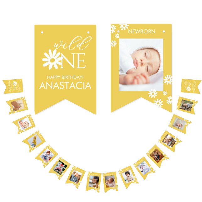 Bannière À Fanions Milestone 1st Birthday Photo White Daisy (Créateur téléchargé)