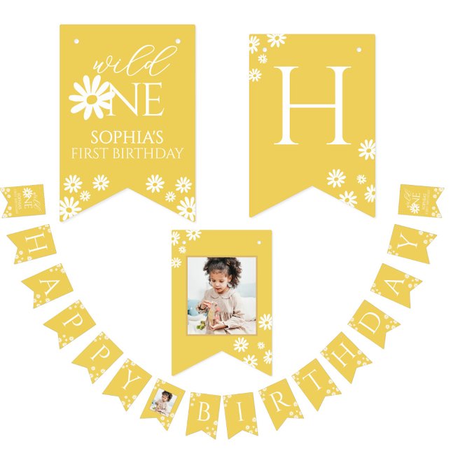 Bannière À Fanions Milestone 1st Birthday Photo White Daisy Bunting (Créateur téléchargé)