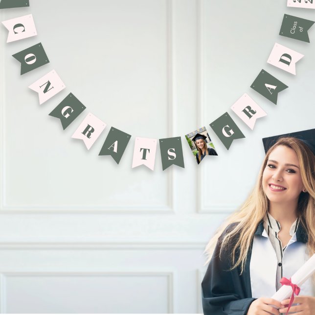 Bannière À Fanions Modern Sage Green Blush Pink Graduation Photo (Sage green and blush pink graduation party bunting with 'Congrats Grad' message and custom photo)