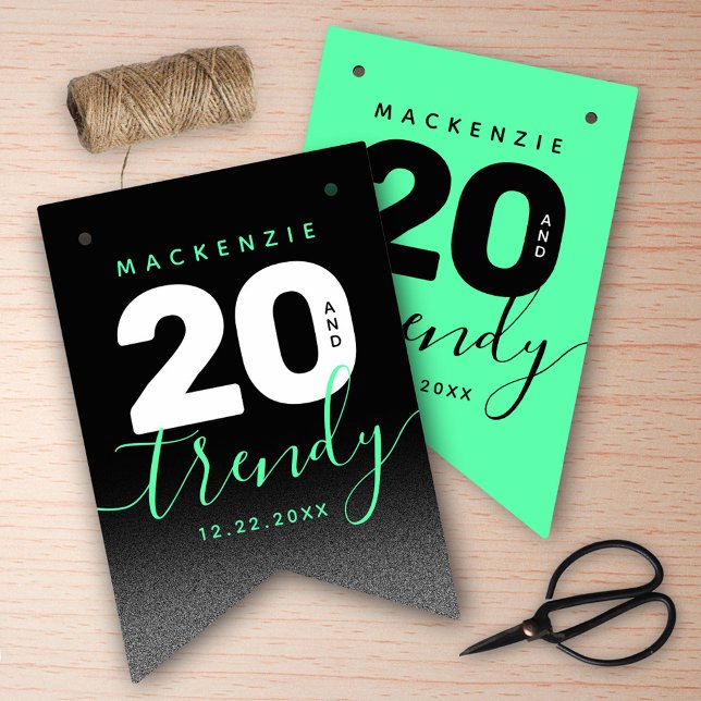 Bannière À Fanions Moderne Monnaie verte 20 et Anniversaire tendance (Girly Mint Green 20 and Trendy Her 20th Birthday Bunting Flags Cover Photo.)