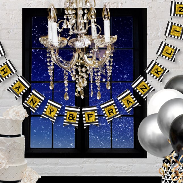 Bannière À Fanions Motif en bande noir et blanc avec Mariage or (Créateur téléchargé)