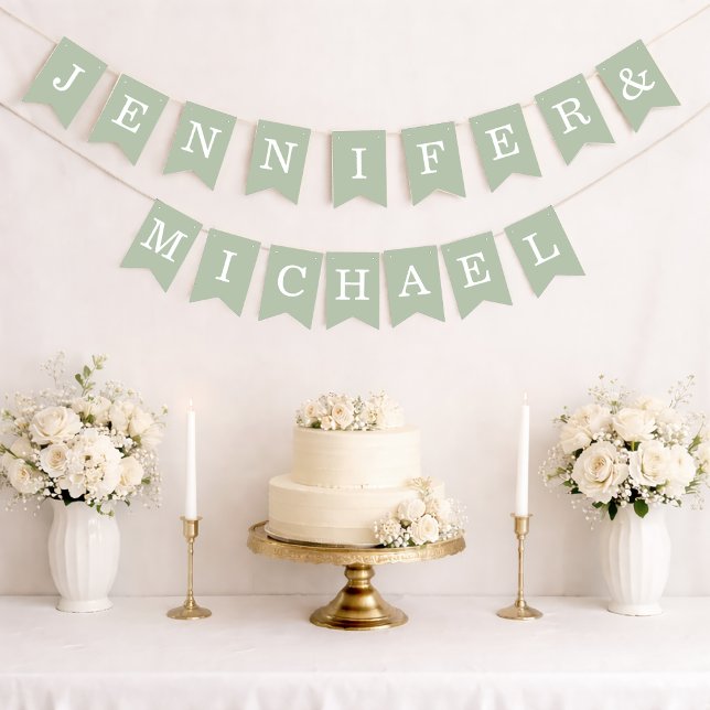 Bannière À Fanions Noms de mariés simple sage vert pour mariage (Créateur téléchargé)