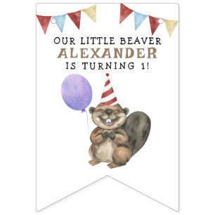 Bannière À Fanions Notre petite fête d'anniversaire de Beaver 1 an
