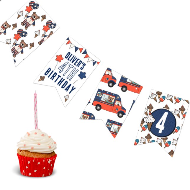 Bannière À Fanions Ours de crème glacée rouge blanc et bleu (Birthday Banner for Summer Red White and Blue Birthday)