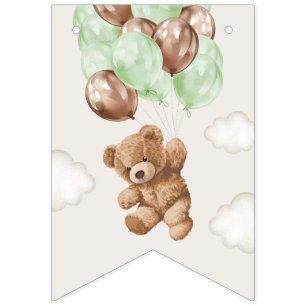 Bannière À Fanions Ours En Conflit, Ballons Verts, Premier Anniversai