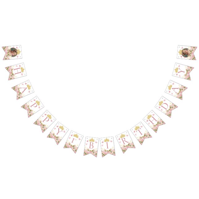 Bannière À Fanions Papillons de la Couronne rose florale photo Joyeux (Tout)