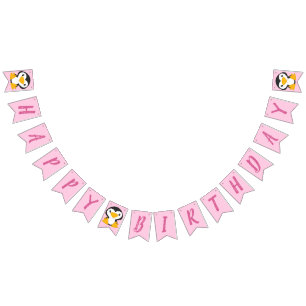 Bannière À Fanions Pingouin Anniversaire rose