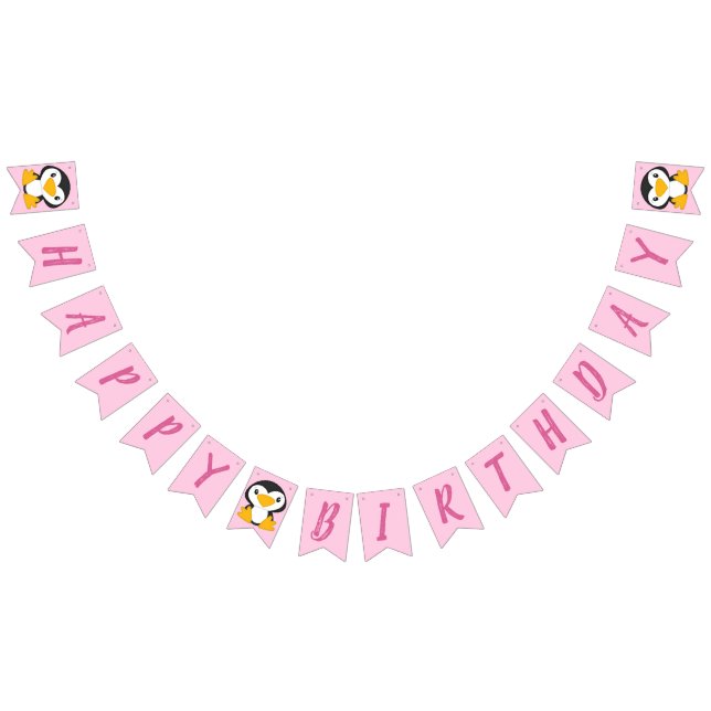 Bannière À Fanions Pingouin Anniversaire rose (Tout)