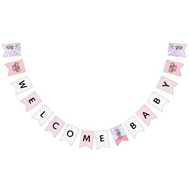 Bannière À Fanions Pink Purple Welcome Baby Girl Bear Baby shower (Tout)