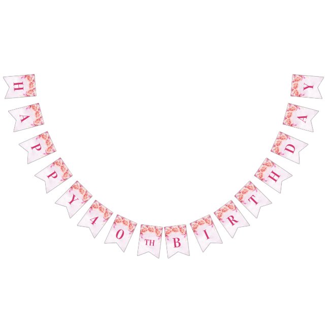 Bannière À Fanions Quarantième fleurs heureuses d'aquarelle de rose (Tout)