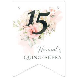 Bannière À Fanions Quinceanera florale rose 15ème anniversaire
