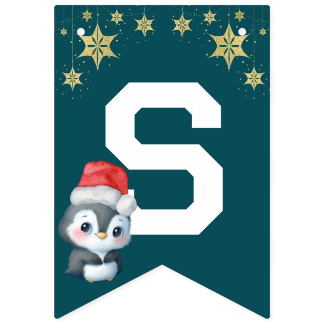 Bannière À Fanions Rouge Vert aquarelle Penguin Joyeux Noël fête (Qunizième drapeau)