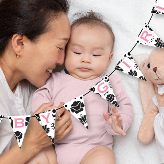 Bannière À Fanions Texte rose Black Floral Patten Baby Girl (Créateur téléchargé)