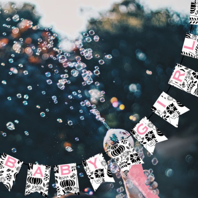 Bannière À Fanions Texte rose Noir & Blanc Motif Floral Bébé Fille (Créateur téléchargé)