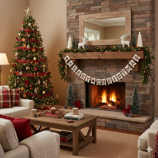 Bannière À Fanions Toile de jute et carreaux Joyeux Noël