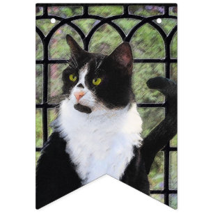 Bannière À Fanions Tuxedo Chat dans la peinture de fenêtre Art animal