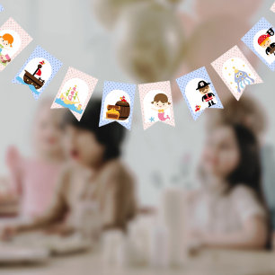 Bannière À Fanions Twins Pirate Mermaids rose bleu garçon fille anniv