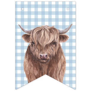 Bannière À Fanions Vache sacrée premier anniversaire carreaux bleus i