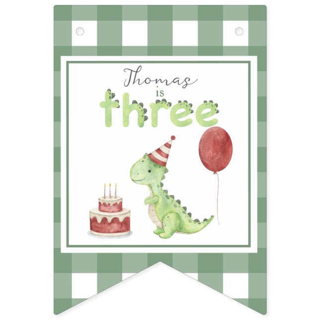 Bannière À Fanions Watercolor Dinosaur 3 Three rex birthday (Premier drapeau)