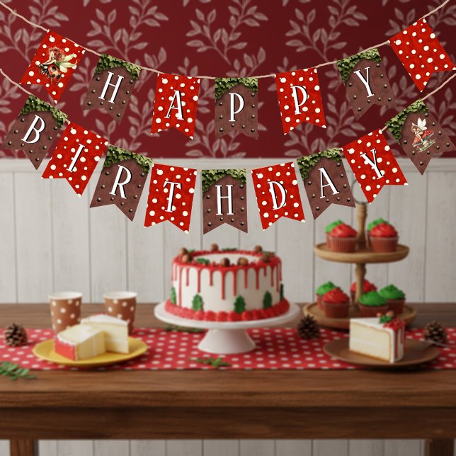 Bannière À Fanions Woodland Fairy Mushroom Polka Dot Happy Birthday (Red and White Polka Dot Whimsical Fairy Ladybug Happy Birthday Bunting Banner)