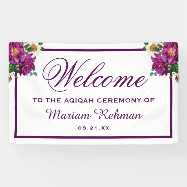 Bannière Aqiqah Fille Moderne Fleur Violette (Horizontal)