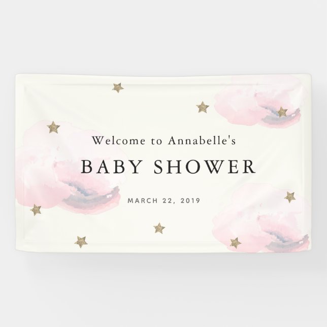Bannière Baby shower Gold Stars & Clouds Rose (Horizontal)
