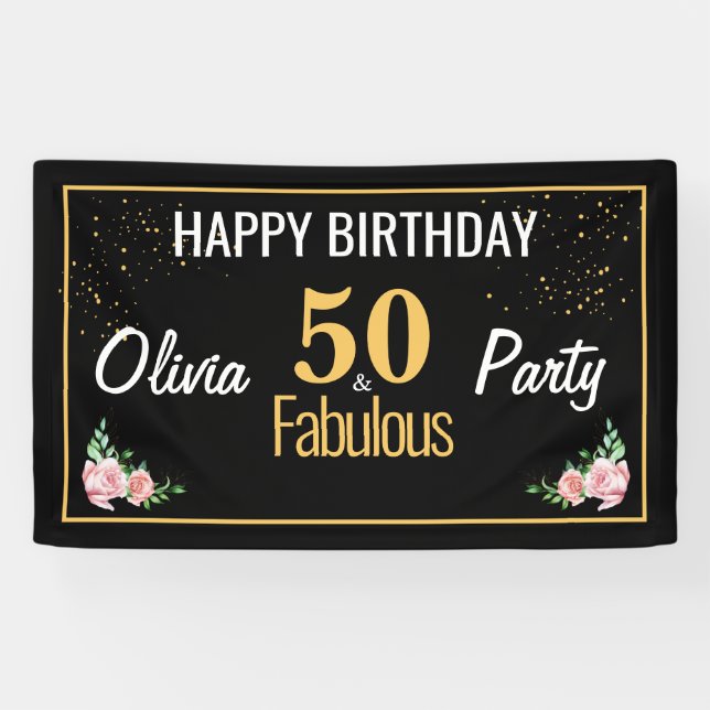 Bannière Black Gold 50th Birthday avec fleurs rose (Horizontal)