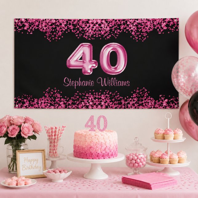 Bannière chic noir et rose pour 40e anniversaire (Add name to customize.  Please see the collection for other matching items.)